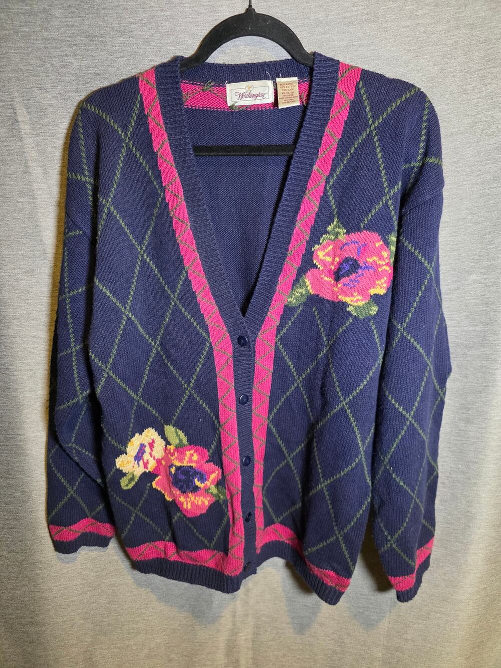 VTG Worthington Navy Argyle Floral Cardigan Sweater XL 16/18 Old Lady Grannie